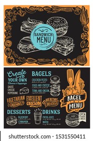 Bagel and sandwich menu template for restaurant on a blackboard background vector illustration brochure for food and drink cafe. Design layout with lettering and doodle hand-drawn graphic icons.
