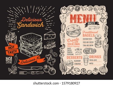 Bagel and sandwich menu template for restaurant on a blackboard background vector illustration brochure for food and drink cafe. Design layout with lettering and doodle hand-drawn graphic icons.