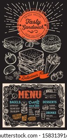 Bagel and sandwich menu template for restaurant on a blackboard background vector illustration brochure for food and drink cafe. Design layout with lettering and doodle hand-drawn graphic icons.