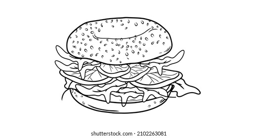 Bagel sandwich with salmon, cream cheese and arugula isolated on white background. Linear style. Hand-drawn. Doodle. For web design, icons, packaging, menu or interior design.