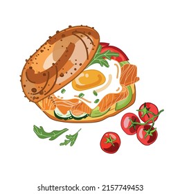 Bagel Sandwich With Salmon Or Smoked Salmon Vegetables And Egg,vector Food Illustration Isolated On White Background.Cartoon Realistic Sandwich Drawing.Great Breakfast And Healthy Snack.Healthy Meal 