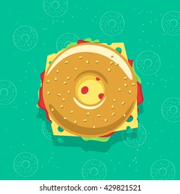 Bagel sandwich vector illustration isolated on bagel background, concept of breakfast fresh fast food, flat cartoon sandwich