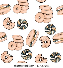 Bagel seamless pattern hand drawn illustration. Can be used for t-shirt, banner, card and other design projects.
