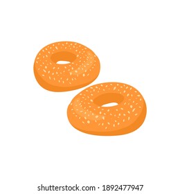 Bagel with sesame seeds. Fresh and delicious pastries. Cartoon icon isolated on white background. Vector illustration.