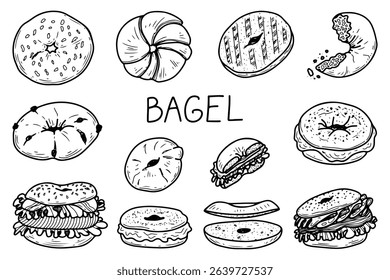 Bagel set. Hand drawn doodle vector. Pastry bun. Cafe food. Pastry for sandwich. Filling cream cheese, cutlet, salad, salmon. Multigrain bread. Breakfast, lunch. Illustration line art group elements.