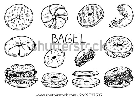 Bagel set. Hand drawn doodle vector. Pastry bun. Cafe food. Pastry for sandwich. Filling cream cheese, cutlet, salad, salmon. Multigrain bread. Breakfast, lunch. Illustration line art group elements.