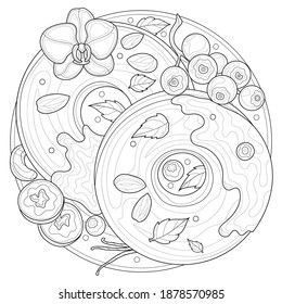 
Bagels with berries, vanilla and nuts.Coloring book antistress for children and adults. Illustration isolated on white background.Zen-tangle style.