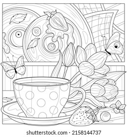 Bagels, a cup of coffee and flowers. Breakfast.Coloring book antistress for children and adults. Illustration isolated on white background.Zen-tangle style. Hand draw