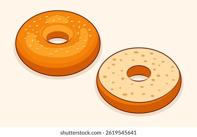 Bagels Illustration, cut a half, freshly baked bread, classic donut, hand drawn style, 2D cartoon, use for cafe, bistro, restaurant, menu. Vector illustration