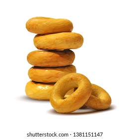 Bagels low poly. Cookies on white background. Delicious pastry. Elements for label design. Vector illustration. Bagels in triangulation technique. 