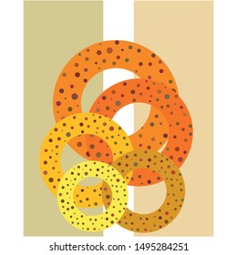 Bagels with poppy and sesame seeds flat design. Vector illustration of bakery products. Eating fresh and tasty bread.