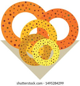 Bagels with poppy and sesame seeds flat design. Vector illustration of bakery products. Eating fresh and tasty bread.