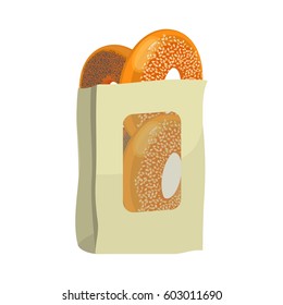 Bagels with poppy and sesame seeds in paper package flat design isolated on white background. Vector illustration of bakery products. Eating fresh and tasty sweet bread close-up.