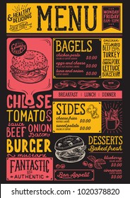 Bagels restaurant menu. Vector sandwich food flyer for bar and cafe. Design template with vintage hand-drawn illustrations.