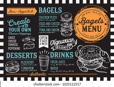 Bagels restaurant menu. Vector sandwich food flyer for bar and cafe. Design template with vintage hand-drawn illustrations.