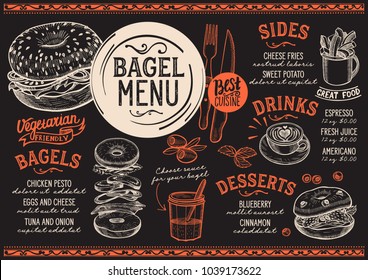 Bagels restaurant menu. Vector sandwich food flyer for bar and cafe. Design template with vintage hand-drawn illustrations.