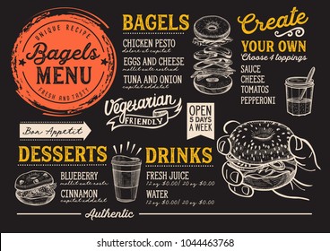 Bagels restaurant menu. Vector sandwich food flyer for bar and cafe. Design template with vintage hand-drawn illustrations.