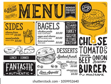 Bagels restaurant menu. Vector sandwich food flyer for bar and cafe. Design template with vintage hand-drawn illustrations.