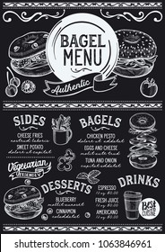 Menú del restaurante Bagels. Volante de comida de sándwich vectorial para bar y cafetería. Plantilla de diseño con ilustraciones pintadas a mano antiguas.