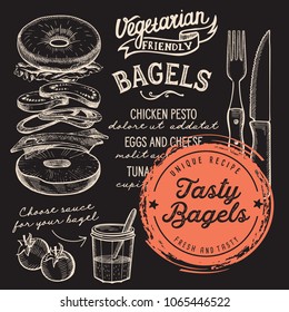 Bagels restaurant menu. Vector sandwich food flyer for bar and cafe. Design template with vintage hand-drawn illustrations.