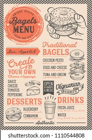 Bagels restaurant menu. Vector sandwich food flyer for bar and cafe. Design template with vintage hand-drawn illustrations.