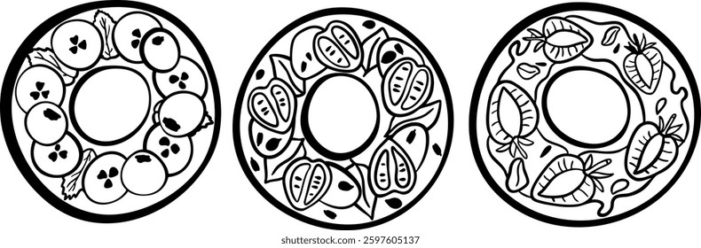 Bagels set, line icon vector collection. Top view. Isolated on white concept illustration. Bakery collection in doodle style. Fresh sweet donuts and donuts with vegetables.