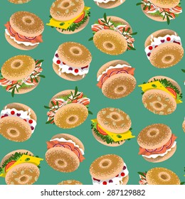 Bagels with various topping. Seamless background pattern. Vector illustration