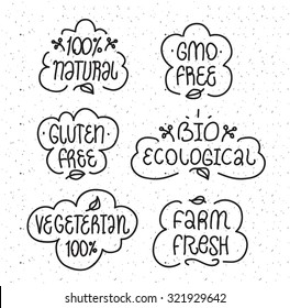 Bages or labels for your product design. Gmo free, gluten free, bio ecological, natural, vegeterian elements set. Hand drawn lettering. 