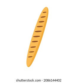 Baget. Long French baguette for breakfast, making sandwiches, very tasty bread. Icon, clipart for website, app about baking, bakery, food delivery, healthy food. Vector flat illustration, cartoon.