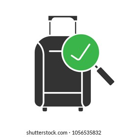 Baggage allowance glyph icon. Successful luggage check. Suitcase with checkmark. Silhouette symbol. Negative space. Vector isolated illustration