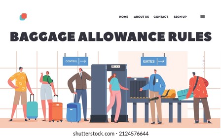 Baggage Allowance Rules Landing Page Template. Characters Pass Airport Security Check, Passengers Scanning Baggage with Metal Detector. Security Checkpoint Gate. Cartoon Vector Illustration