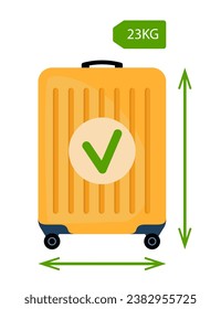 Baggage allowance. Wheeled suitcase with dimensional arrows and green confirmation check mark. Travel by plane, baggage rules. Vector illustration