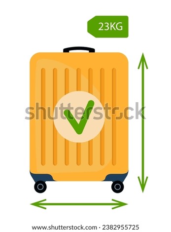 Baggage allowance. Wheeled suitcase with dimensional arrows and green confirmation check mark. Travel by plane, baggage rules. Vector illustration
