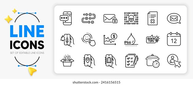 Baggage app, Annual calendar and User line icons set for app include Survey progress, Messenger, Survey checklist outline thin icon. Packing boxes, Vaccine announcement. Vector