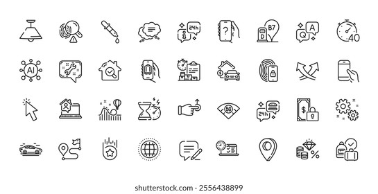 Baggage app, Car and Timer line icons pack. AI, Question and Answer, Map pin icons. Loyalty star, 5g wifi, Text message web icon. Write, Globe, Intersection arrows pictogram. Vector