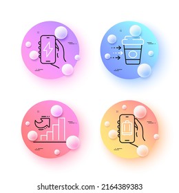 Baggage app, Charging app and Coffee delivery minimal line icons. 3d spheres or balls buttons. Growth chart icons. For web, application, printing. Vector