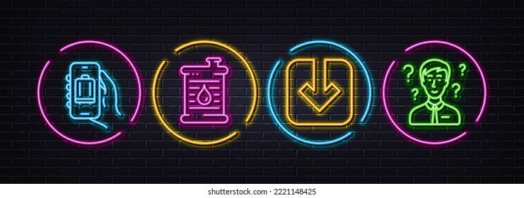 Baggage app, Load document and Oil barrel minimal line icons. Neon laser 3d lights. Support consultant icons. For web, application, printing. Luggage claim, Download arrowhead, Gasoline fuel. Vector