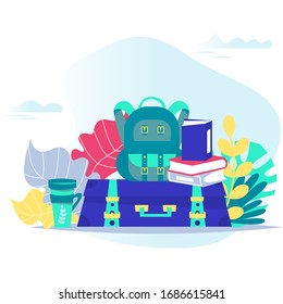Baggage, backpack,suitcases and bags. Vector cartoon style illustration. Time to travel.Travel and tourism.