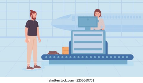 Baggage and bag scanning flat color vector illustration. Traveler going through check in belongings in airport. Fully editable 2D simple cartoon characters with terminal interior, plane on background