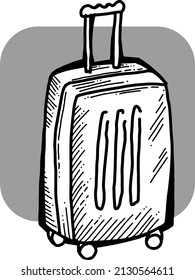 Baggage bag for traveling tourist on the way to summer holiday. Luggage suitcase ready for the road trip by car or plane. Hand drawn black and white vector illustration. Old style drawing.