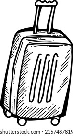 Baggage bag for traveling tourist on the way to summer holiday. Luggage suitcase ready for the road trip by car or plane. Hand drawn black and white vector illustration. Old style line art drawing.