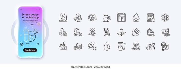 Baggage belt, Engineer and Window line icons for web app. Phone mockup gradient screen. Pack of Teamwork, Treasure map, Online voting pictogram icons. Vector