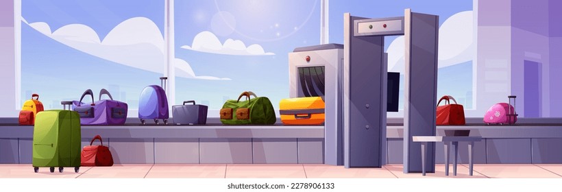 Baggage belt with suitcases and bags passing security control at airport. Vector cartoon illustration of travel luggage standing on carousel moving through x-ray scanner before flight departure