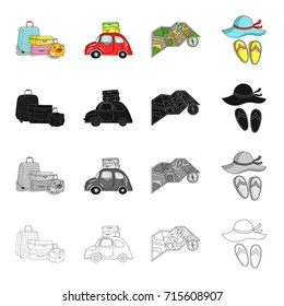 Baggage, a car with things, a map and a compass, a hat and slippers. Family holiday set collection icons in cartoon black monochrome outline style vector symbol stock illustration web.