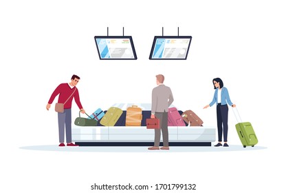 Baggage carousel semi flat RGB color vector illustration. Tourist wait for luggage. People get reclaimed bags in airport terminal. Passengers isolated cartoon character on white background