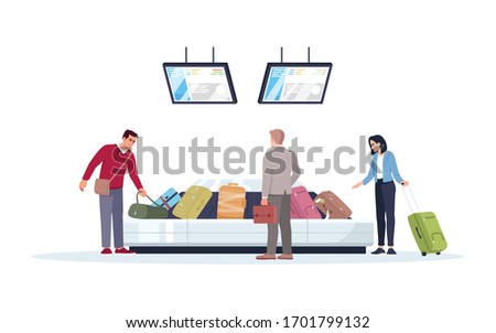 Baggage carousel semi flat RGB color vector illustration. Tourist wait for luggage. People get reclaimed bags in airport terminal. Passengers isolated cartoon character on white background
