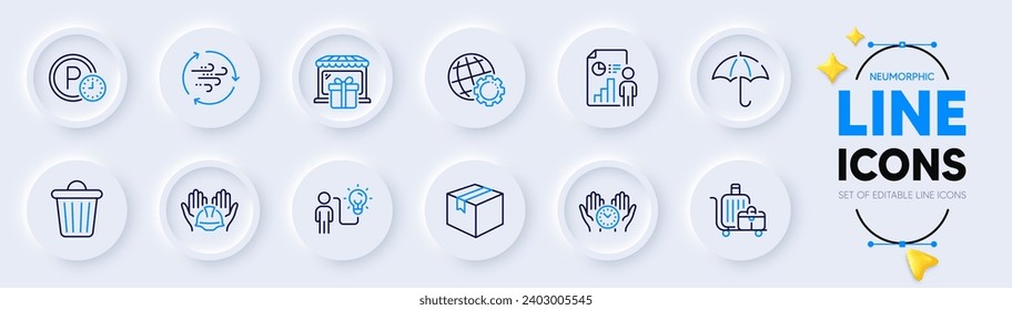 Baggage cart, Builders union and Business idea line icons for web app. Pack of Globe, Gift shop, Parcel pictogram icons. Safe time, Wind energy, Parking time signs. Umbrella. Vector