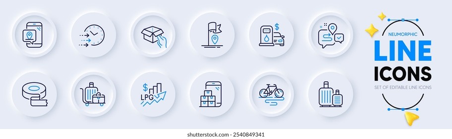 Carrinho de bagagem, Bandeira e ícones da linha da estação de enchimento para aplicativo Web. Pacote de bagagem, preço de subida, Caixa de bloqueio pictograma ícones. Bicicleta, fita adesiva, sinais de inventário móvel. Viagem, entrega. Vetor