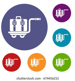 Baggage cart icons set in flat circle reb, blue and green color for web
