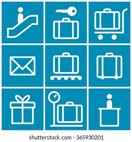 Baggage cart, Suitcase, Baggage claim, Baggage storage, Escalator, Information, Gift. Travel icons set  on blue background